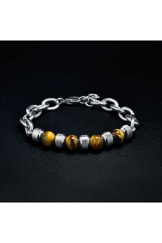 Tiger eye Trendy Mens Stainless Steel Bracelet 100% Real Natural Stone Beads Braslet Tiger eye Punk