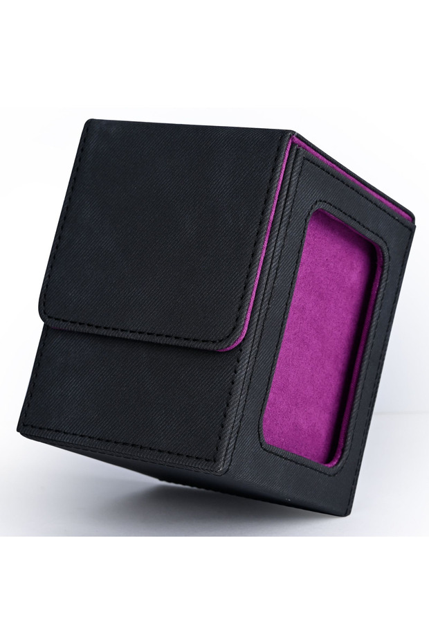 Black-Purple Card Deck Box with Display Window, Trading Card Storage Case, Holds 120+ Single Sleeved