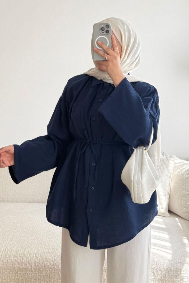 Women's 100% Cotton Muslin Oversize Hijab Shirt Tunic Navy Blue
