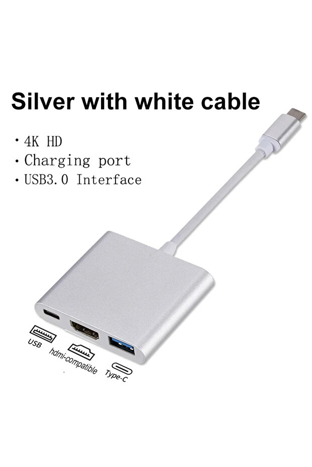 محول كابل USB من النوع C باللون الفضي الأبيض 3 في 1 بدقة 4K من USB C إلى USB 3.0 مع شحن سريع PD ومتوافق مع HDMI