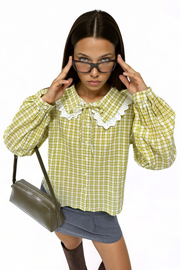 Women's Lace Collar Plaid Shirt 1507 - Yellow