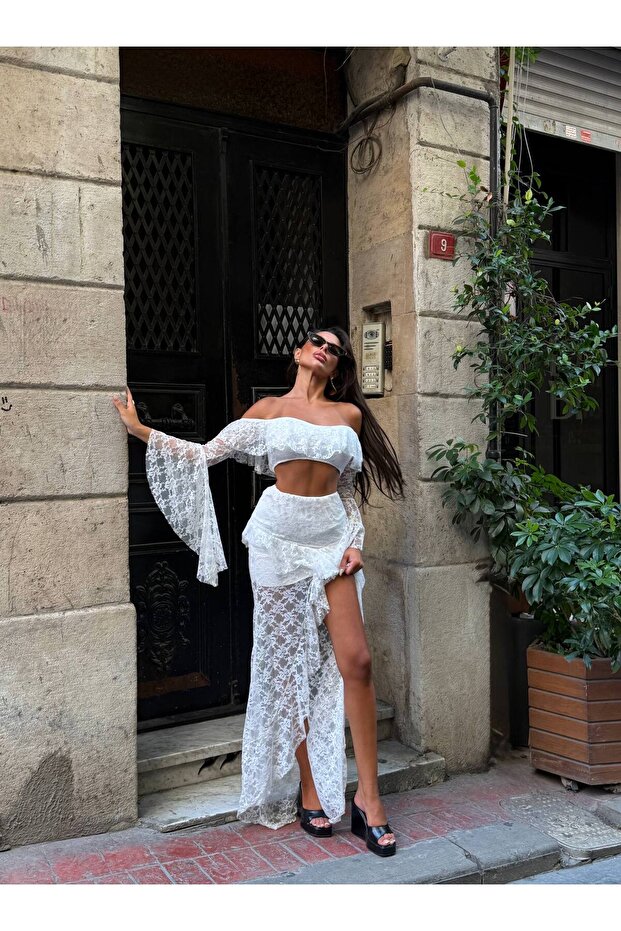 Women's Lace Skirt Blouse Full Lycra Fabric Double Set