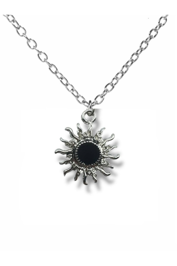 Unisex Necklace with Black Stone and Sun Figure | Zamak Plating | Modern Design with 60 cm Chain