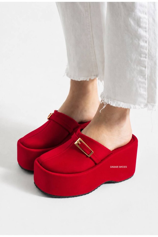 Nara Women's Red Warm Fur Gold Buckle Closed Toe Wedge Heeled Platform Slippers