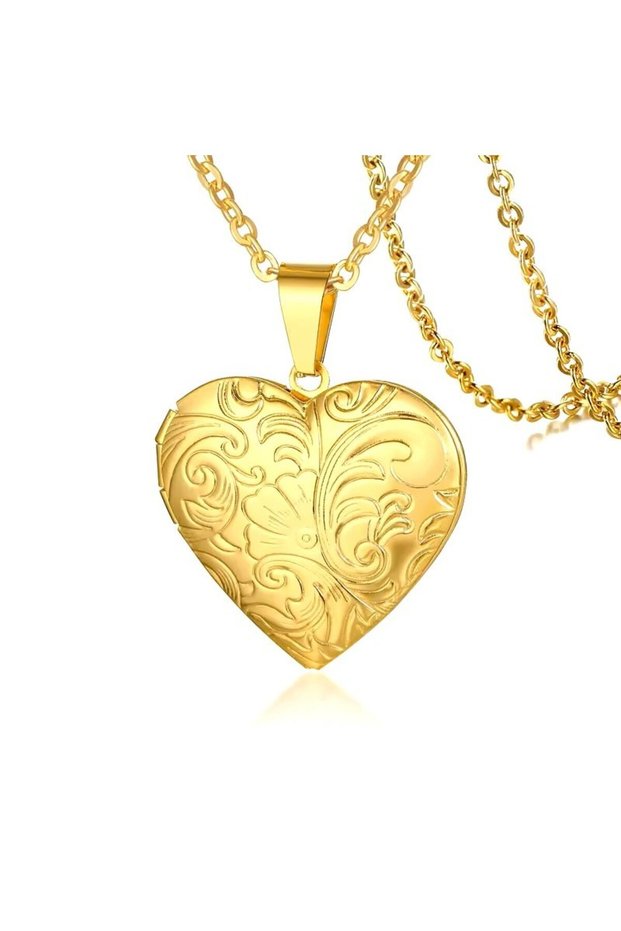 Patterned Heart Gold Model 316L Stainless Steel Picture Necklace with Openable Lid