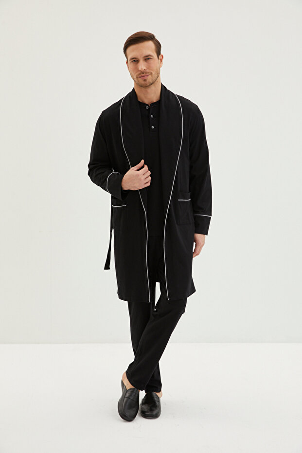 3-Piece Cotton Pajama Set - Combed Cotton, Robe and Placket