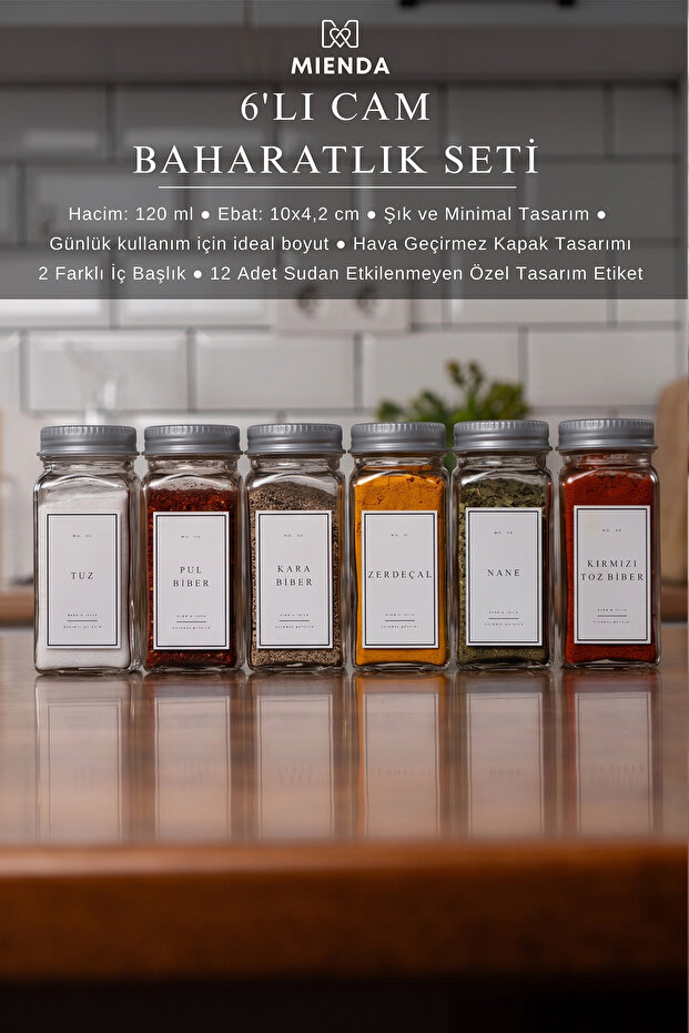 6-Piece Glass Spice Jar Set with Silver Lid and White Label Spice Jar Mh00Slvr06