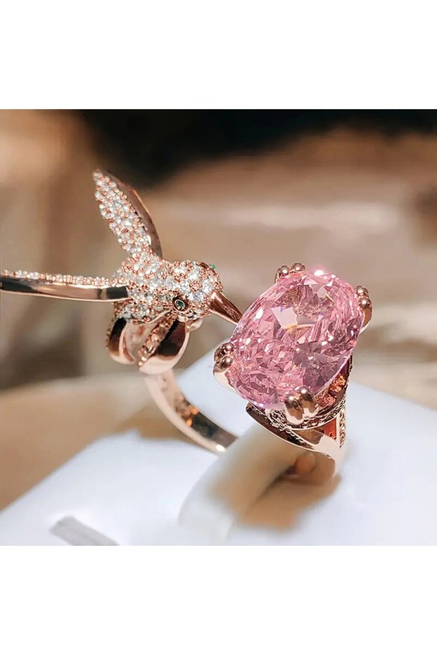 resizable T0466 Huitan Luxury Hummingbird Animal Opening Ring Female Rose Gold Color Pink Zirconia F