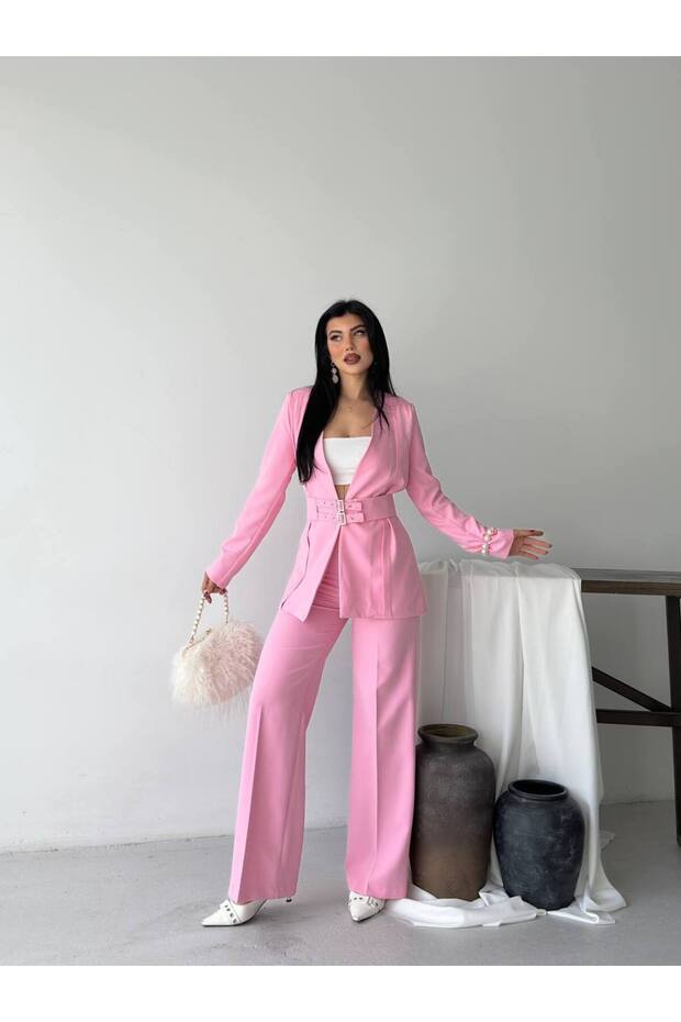Kadın Kemerli Blazer Pantolon İkili Takım Pembe - 4