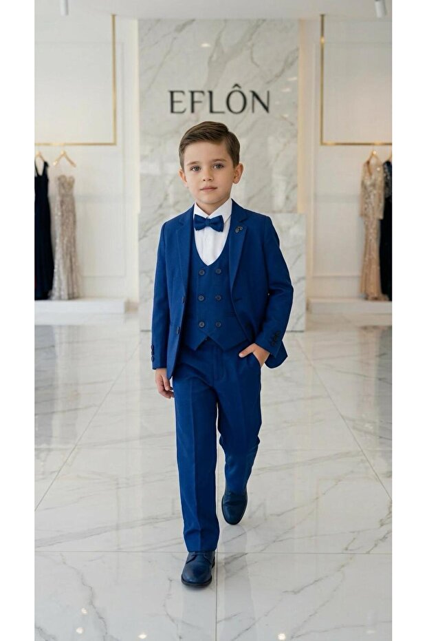 Boy's Tuxedo Suit with Ponterizli Jacket / Jacket, Pants, Vest, Shirt and Bow Tie