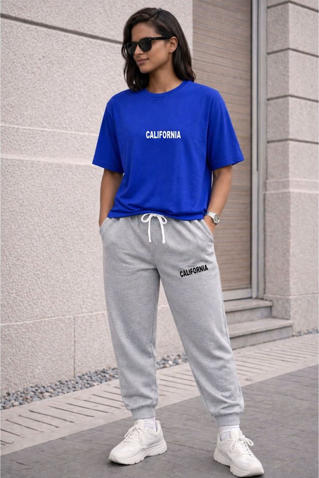 Unisex California Printed Oversize T-Shirt and Sweatpants Two-Piece Set Comfortable Casual Combination