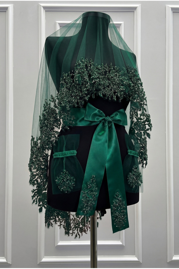 Emerald Green Bridal Veil Set, Sparkling Glass Bead Printed, Henna Night Veil Set 6 Pieces
