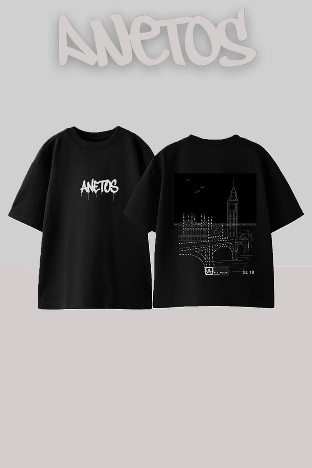 London Bridge Design Back Printed Cotton Black Oversize T-Shirt