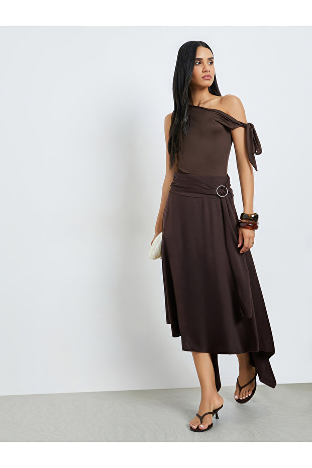 Brown Asymmetric Midi Skirt with O-Ring Detail