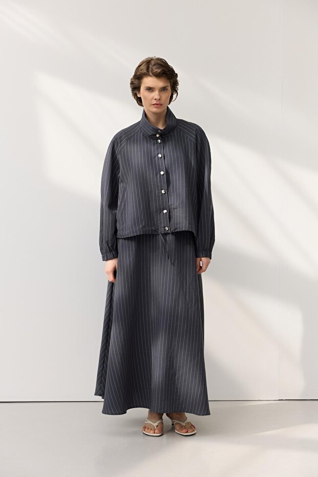 High Collar Gathered Short Jacket Skirt Set Dark Navy Blue
