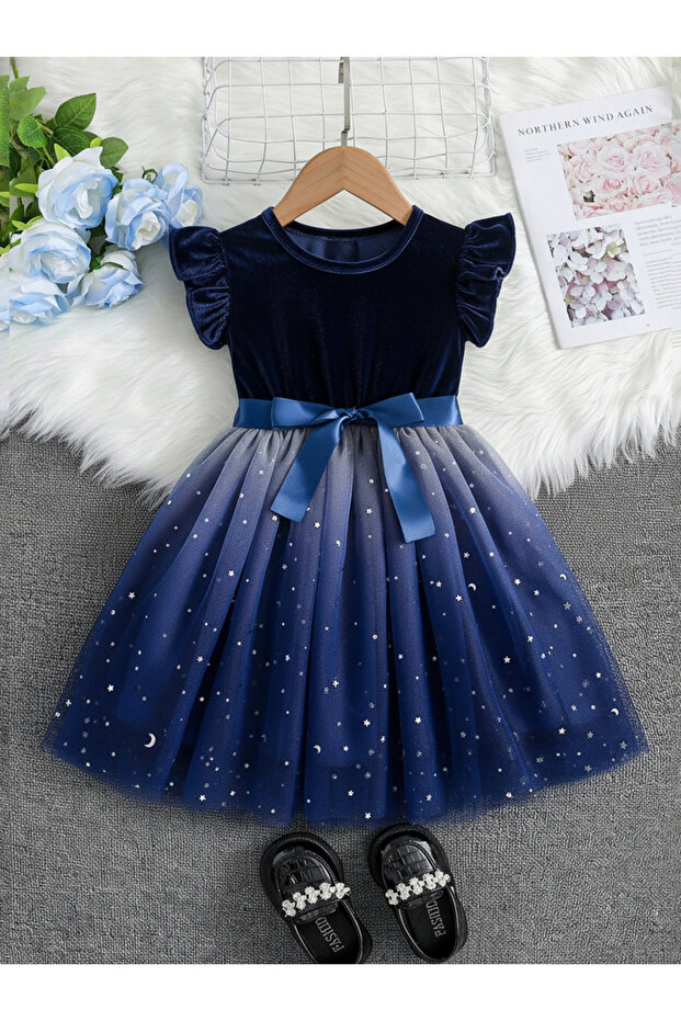 Girls Embellished Ruffle Sleeve Mesh Dress with Bow Detail