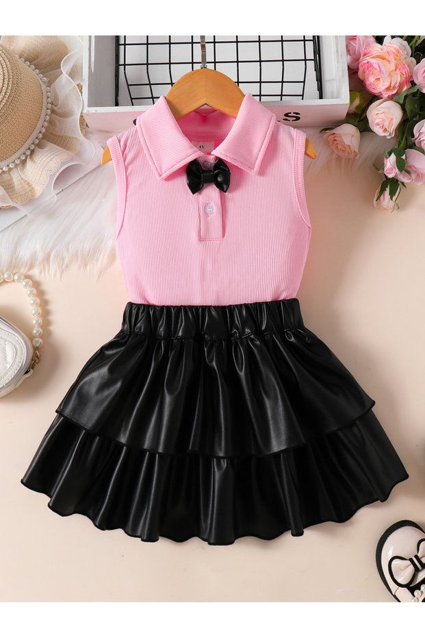 Girls Bow Detail Polo Neck Sleeveless Top and Ruffle Mini Skirt Set