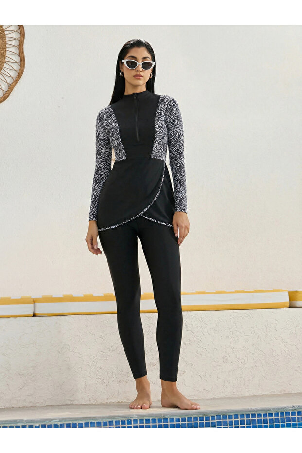 Pack of 2 - Geo Print Side Panels Wrap Around Tunic and Leggings With Side Loop Burkini Set