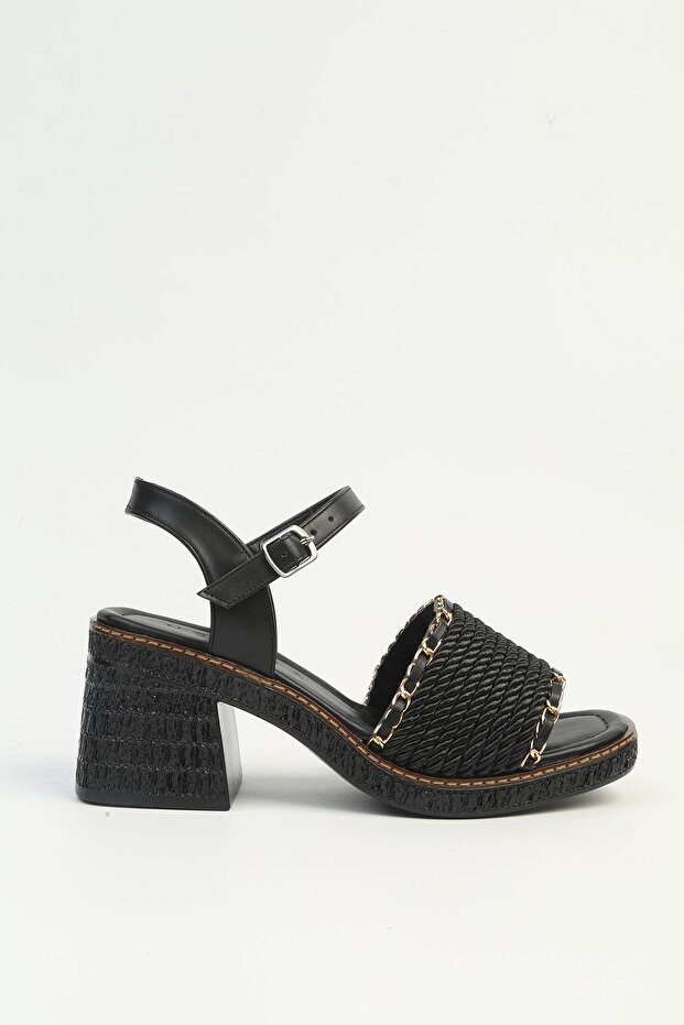 Women's Black Gold Chain Detailed Platform Thick Heeled Stylish Sandals