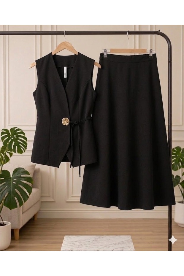 Black Double Crepe Vest Skirt Set • Gold Brooch Side Tie • Stylish Modern Women's Combination Set