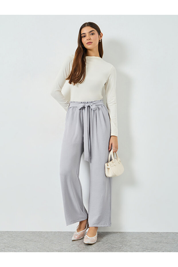 Grey Wide Leg Trousers with Tie Waist