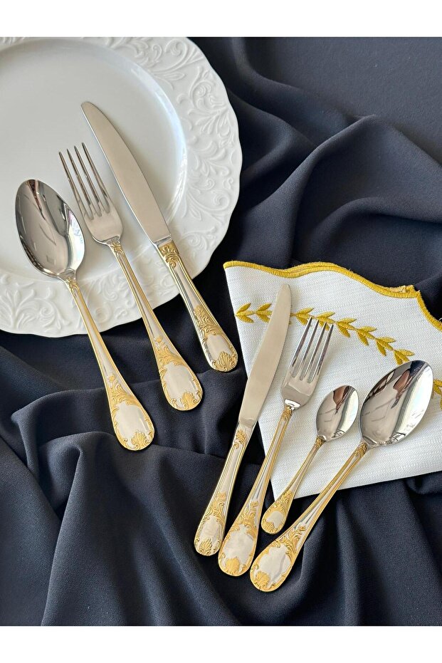24K Decorated Gold Zera 42 Piece Cutlery Set for 6 People