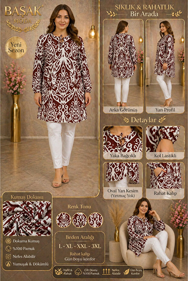 Moda Başak 100% Cotton Woven Patterned Tunic Comfortable Cut Plus Size