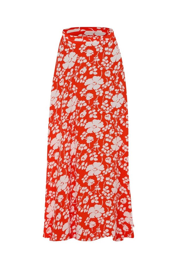 Women's High Waist Red and White Floral Long Viscose Skirt