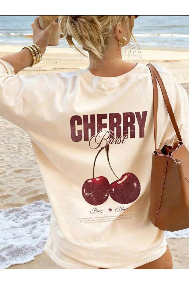 Bej Cherry Oversized T-Shirt