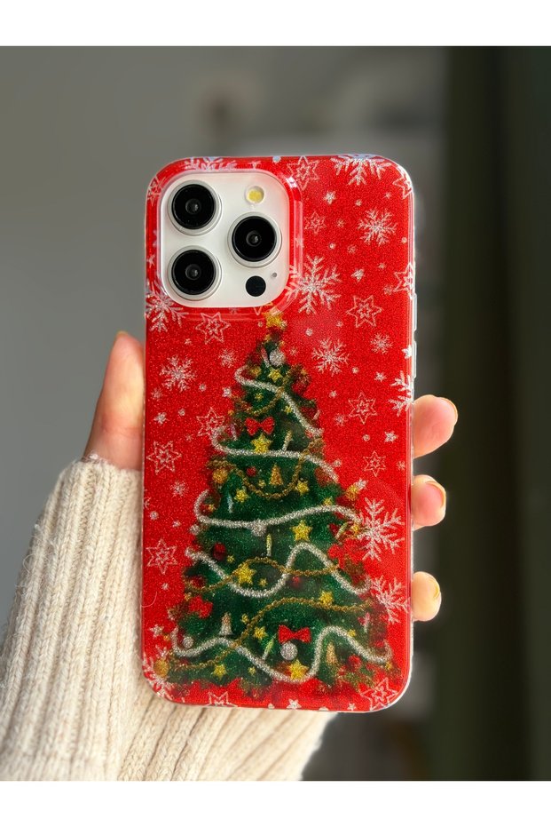 Durable transparent phone case with glitter hologram pine tree print compatible with iphone 16 pro max