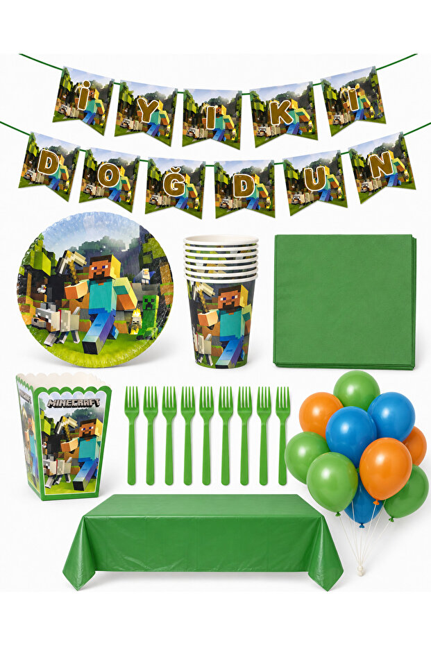 Green Minekraft Themed 94 Piece Birthday Set for 16 People, Plate, Cup, Balloon, Streamer