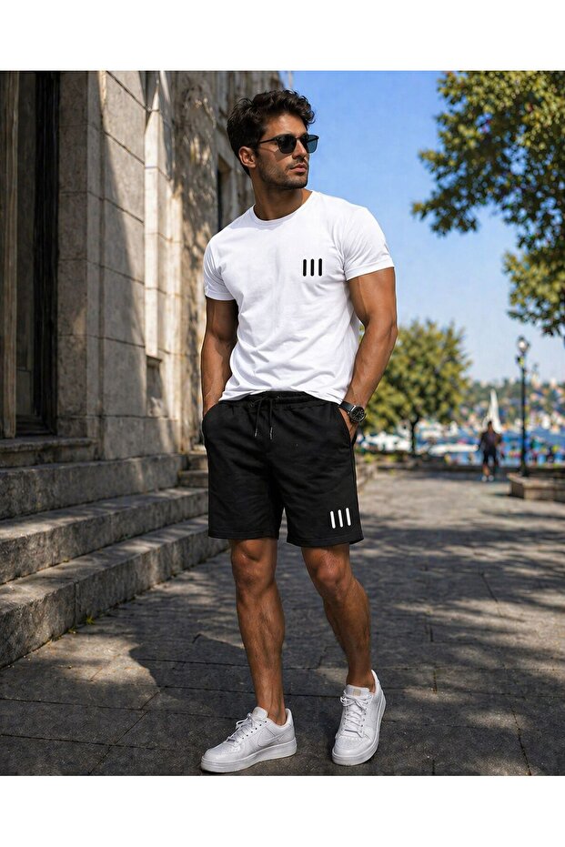 T-Shirt Shorts 2-Piece Combination Sweat-Absorbing 3-Line Printed Women's / Men's Unisex Model