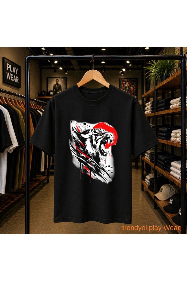 Tiger Red Black Chest Printed 100% Cotton Oversize Loose Regular Fit Crew Neck T-Shirt