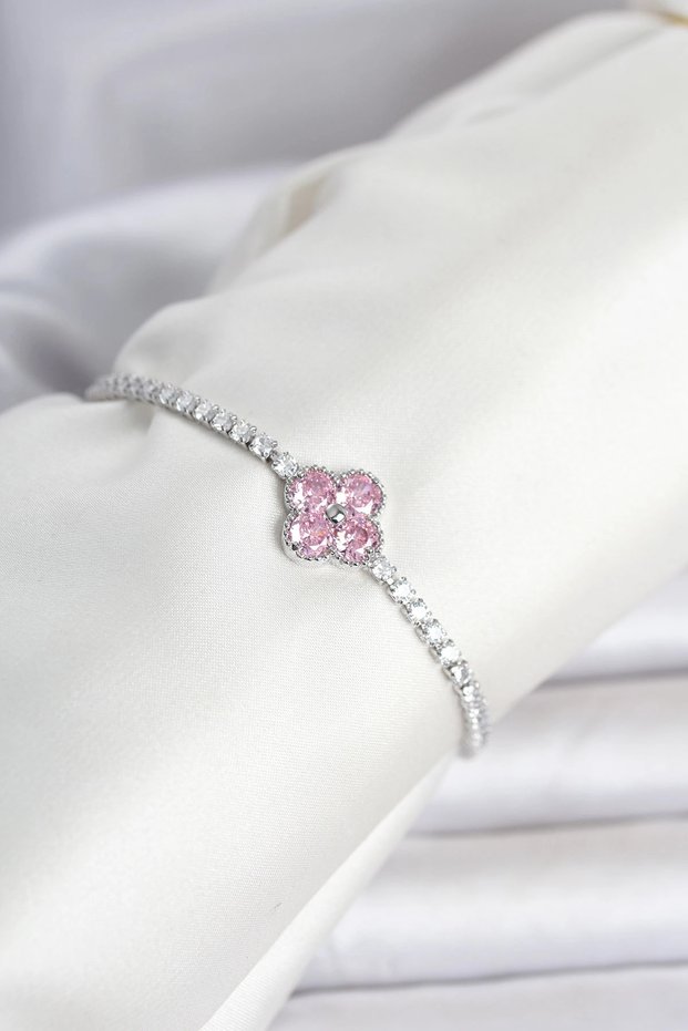 Brass Silver Color Pink Zircon Stone Clover Model Waterway Women's Bracelet