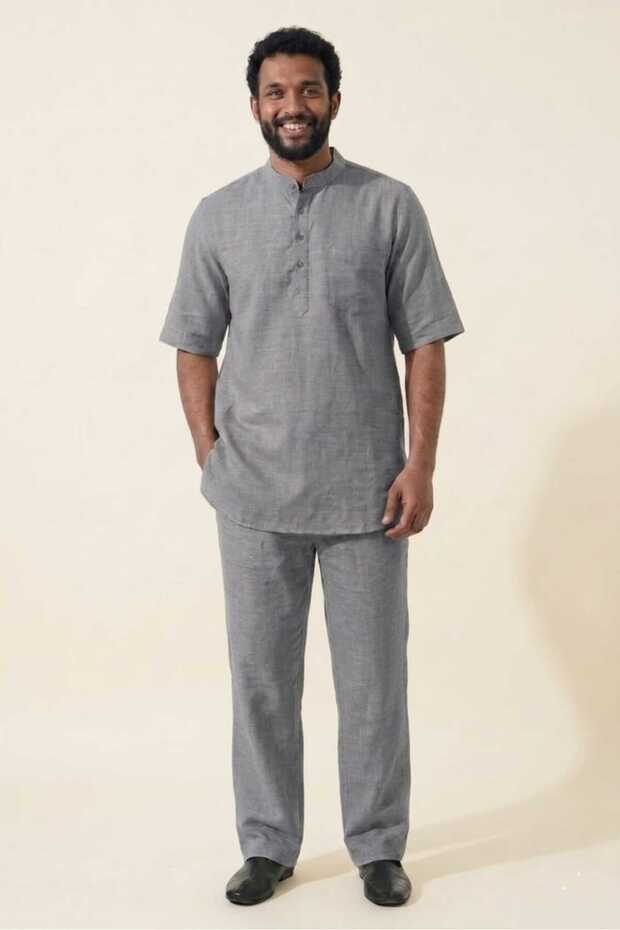 Gray Wide Fit 100% Cotton Muslin Fabric Stand Collar Short Sleeve Men's Hajj Umrah Set Casual Daily Wear