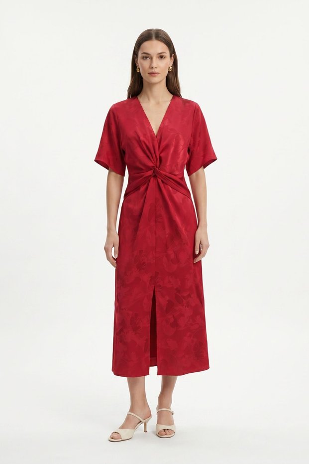 Red V-Neck Belted Front Slit Midi Dress 251670
