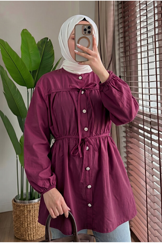 Women's Hijab Drawstring Detailed Stylish Buttoned Long Sleeve Stylish Casual Tunic Shirt (S/M = 38-40 Size Compatible). L/Xl = 42-44 Size Compatible)