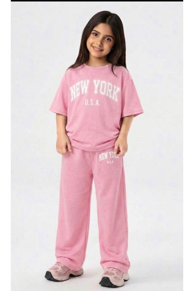 Girls' New York-Usa Printed T-Shirt Baggy Loose-Leg Sweatpants Set