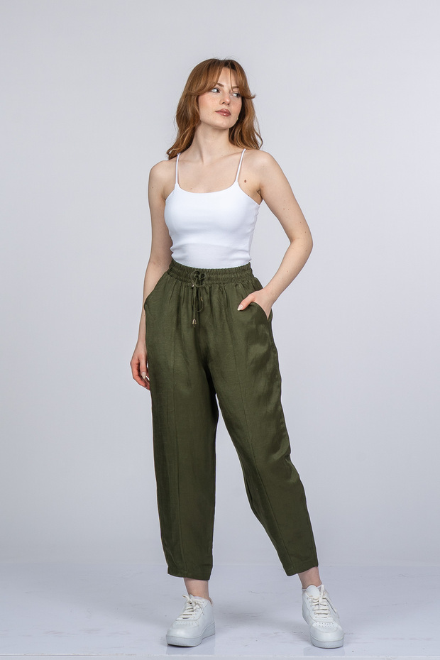 Women's Summer Khaki Orielle Elastic Waist Ankle Length Trousers Stylish Daily Comfortable 30388