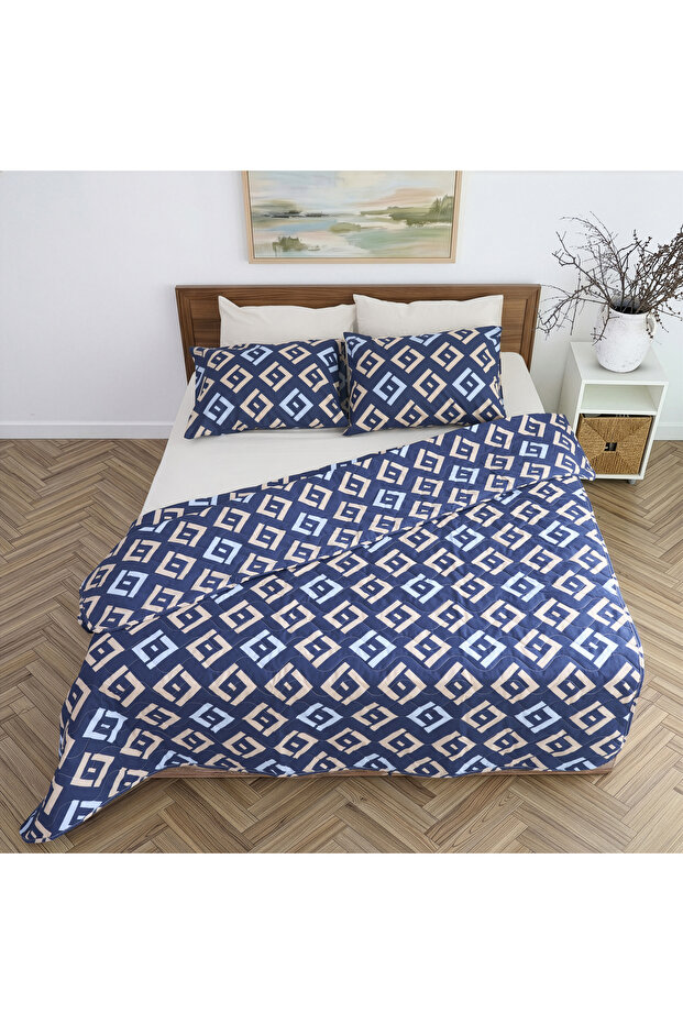 Double Striped Patterned Multi-Purpose Bedspread & Pique Set with 4 Pillowcases and Elastic Sheet Set