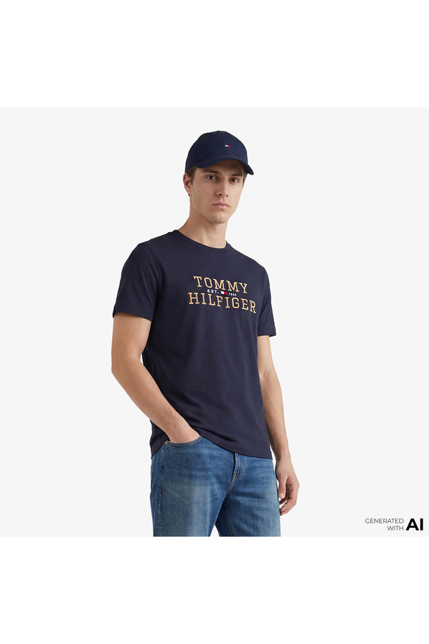 Men's Regular Fit Logo Embossed Round Neck Cotton Short Sleeve Navy Blue T-Shirt