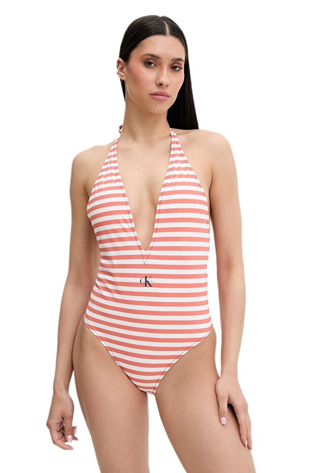 Women's Orange Deep V-Neck Swimsuit Lv00Q61216