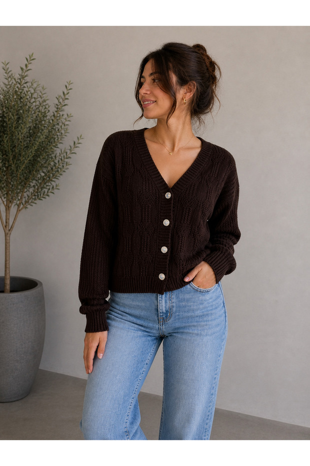 Women's Standard Short Midi Buttoned Seasonal Knitted Knitwear Jacket