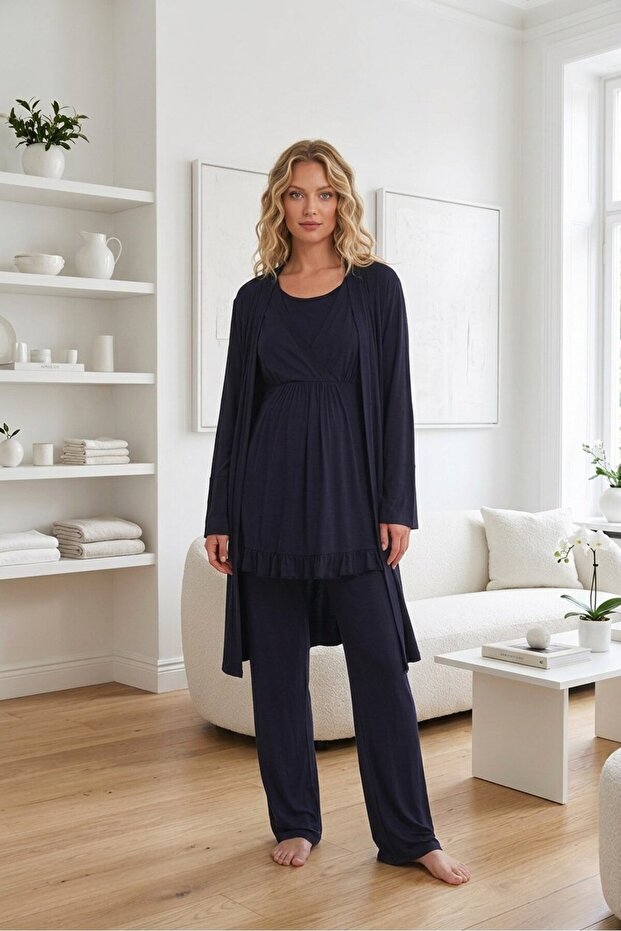 New Season Navy Blue Summer Flounced Short Sleeve Special Design 100% Cotton Maternity Pajama Set