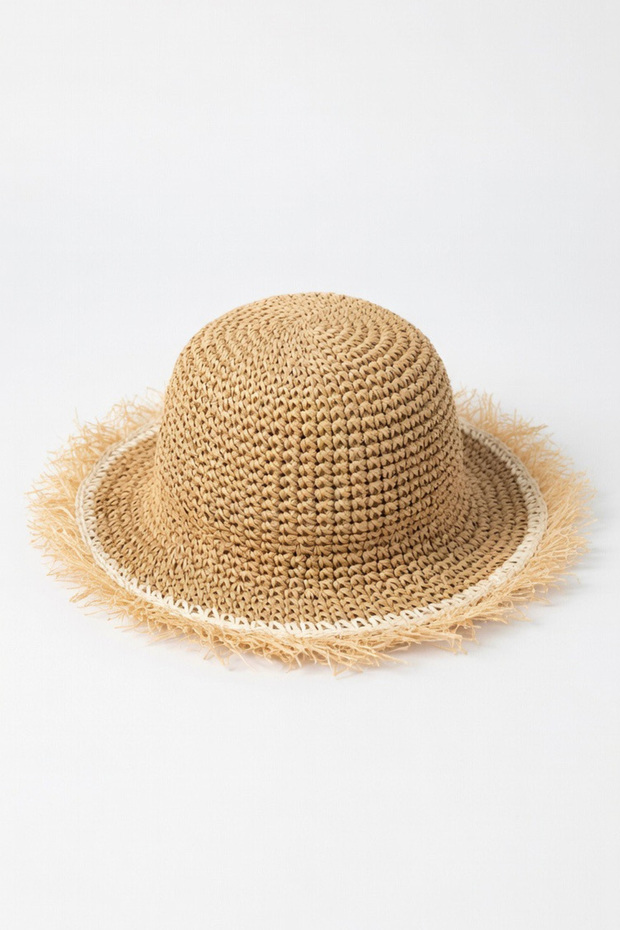 Women's Camel Fringed Premium Straw Bucket | Sunscreen Summer Beach Hat