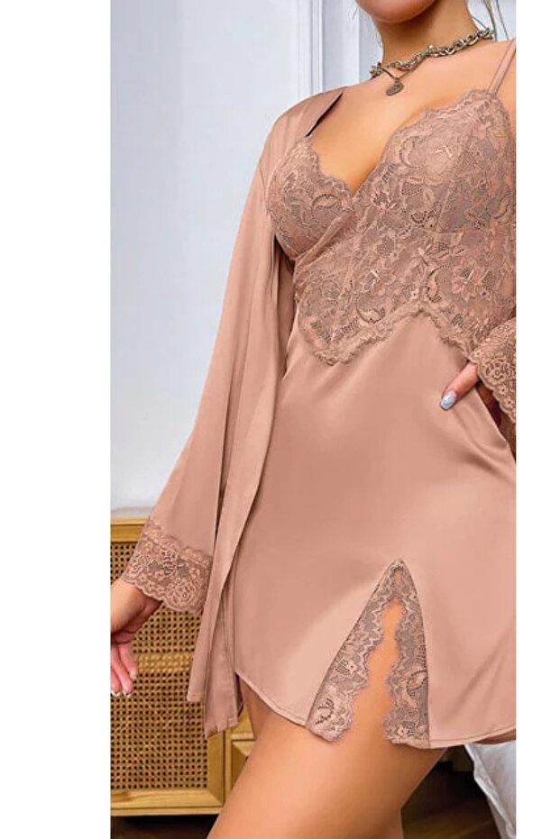 Lace Thin Strap Long Sleeve Dressing Gown Nightgown Set