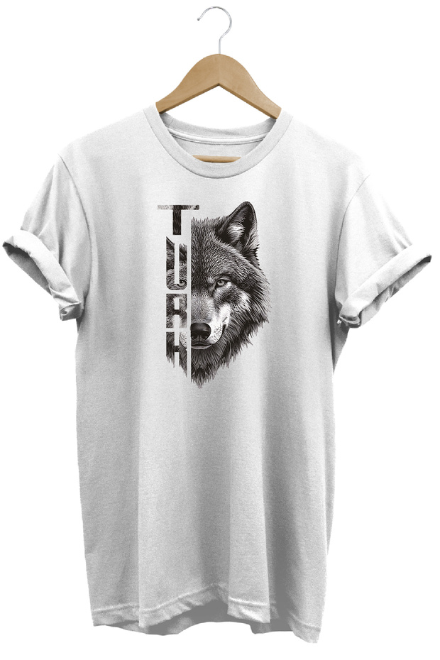 Unisex Black Turan and Wolf Silhouette Printed T-Shirt Relaxed Fit Bozkurt Themed Design T-Shirt