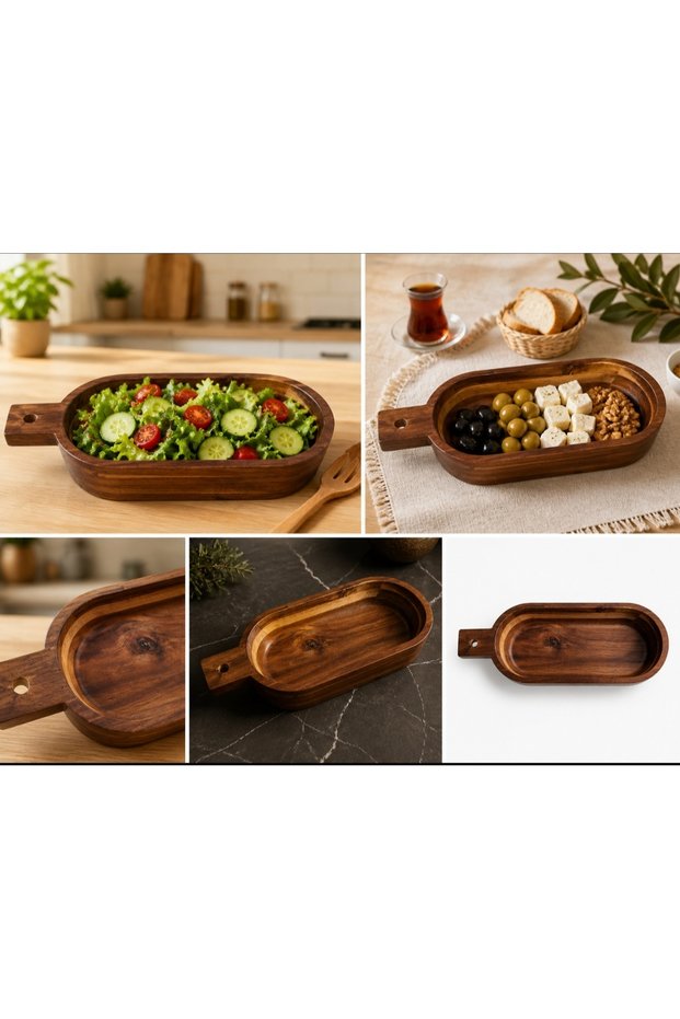 Acacia Wood Deep Serving Tray 33X13X6.5 cm – Large Size Salad & Breakfast Serving Plate with Handle