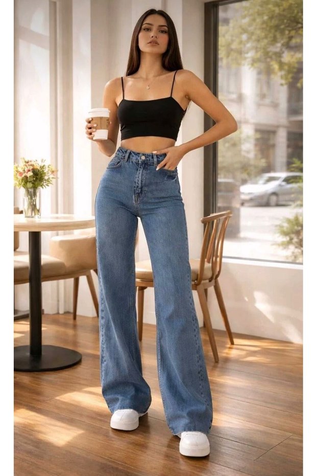Mavikaryıkama Lycra Super High Waist Loose Paca Denim Palazzo Jeans