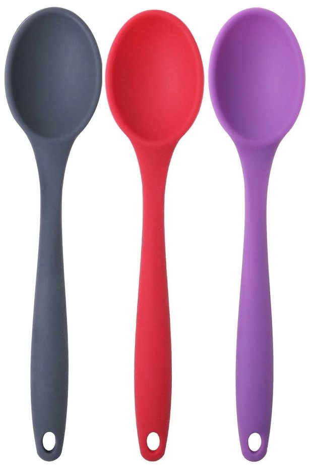 Colorful Silicone Kitchen Spoon Set of 3 – 27 cm Heat Resistant Serving Spoon (Anthracite Red Purple)